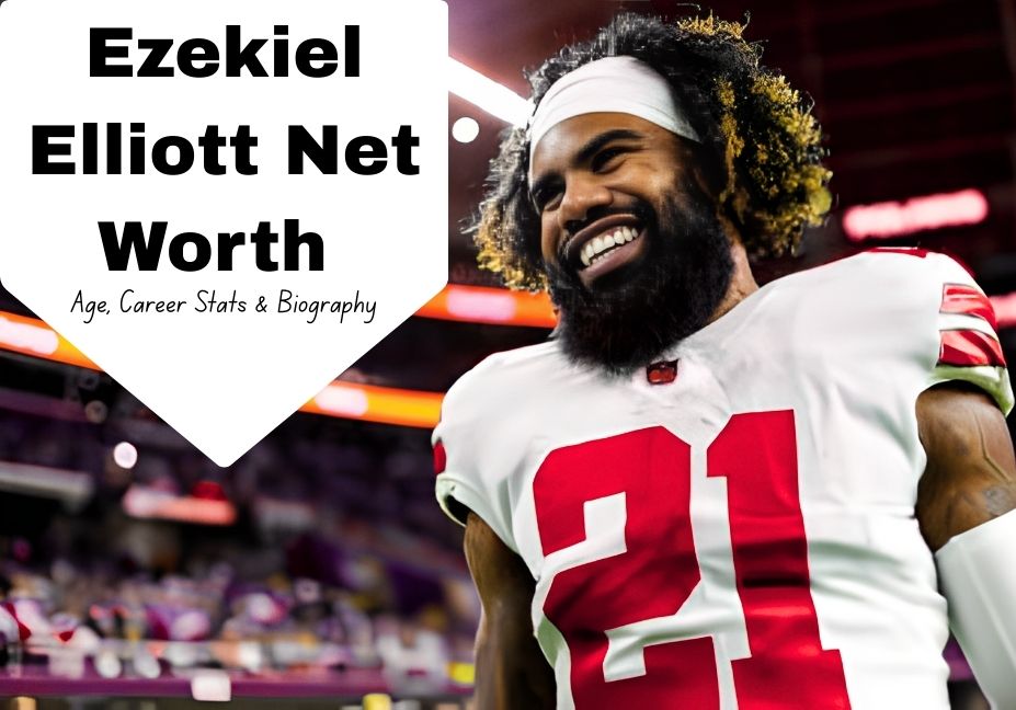 “Ezekiel Elliott in his football uniform with financial icons in the background representing his net worth and career earnings.”