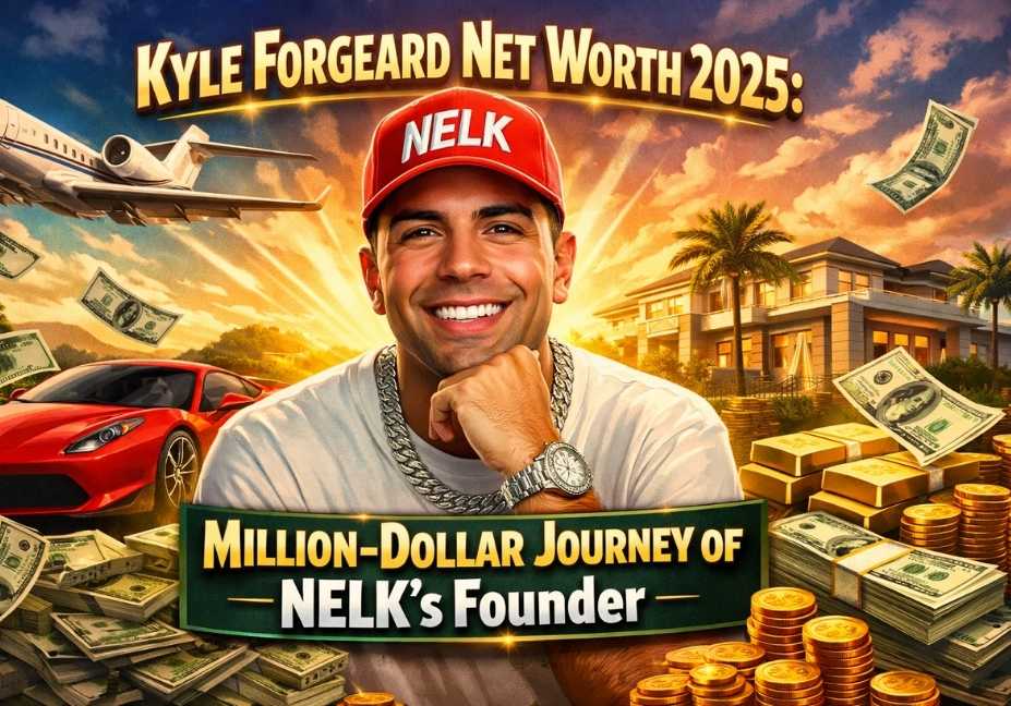 Kyle Forgeard smiling with luxury car, private jet, mansion, and cash symbols, representing Kyle Forgeard net worth 2025 and the million-dollar journey of NELK’s founder.