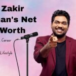 “Zakir Khan performing on stage with money and success icons in the background, representing his net worth.”