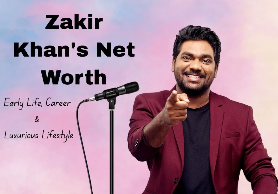 “Zakir Khan performing on stage with money and success icons in the background, representing his net worth.”