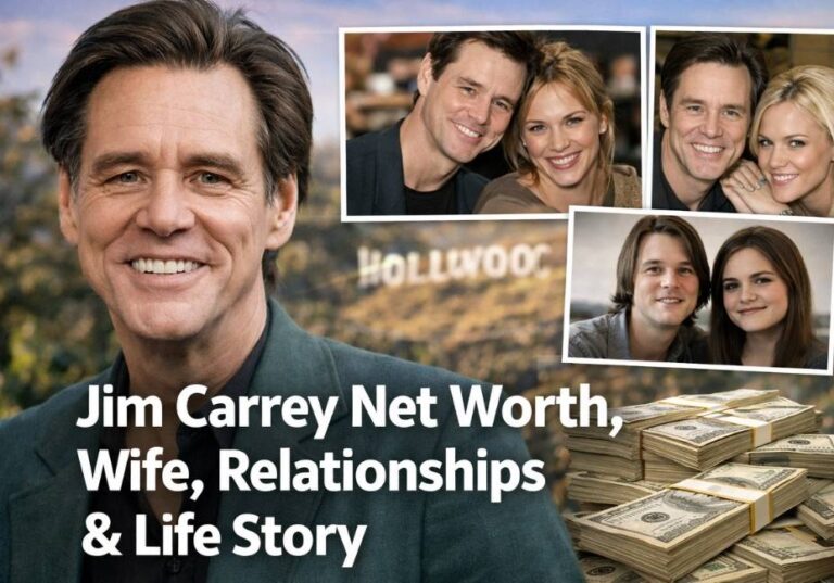 “Jim Carrey smiling in a Hollywood-themed collage with photos from his relationships and stacks of cash representing his net worth.”