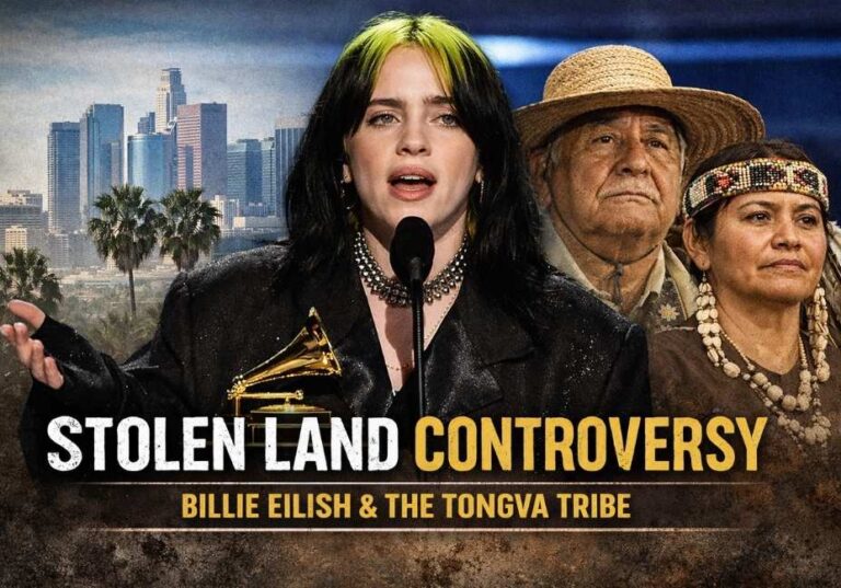 “Billie Eilish speaking at the Grammy Awards alongside a Tongva tribal elder, with Los Angeles city lights highlighting the stolen land controversy.”