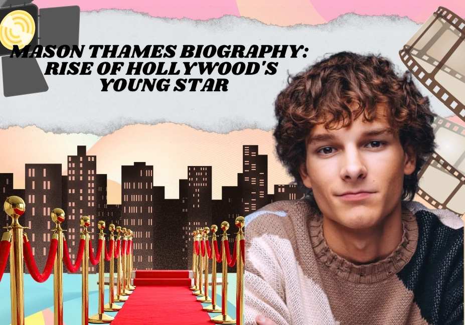 Graphic image featuring actor Mason Thames alongside a red carpet and a city skyline background, with text reading "Mason Thames Biography: Rise of Hollywood's Young Star".