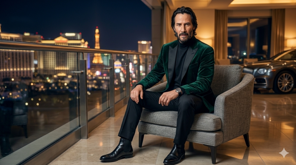 John Wick sits on a luxury hotel balcony at night, wearing a dark green velvet blazer and black turtleneck, with a city skyline glowing in the background.