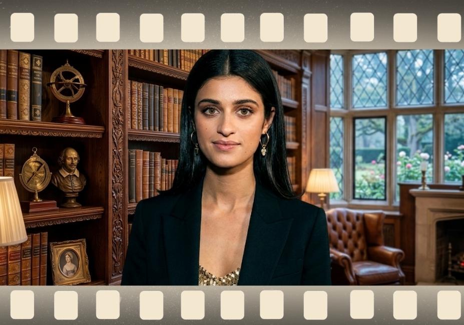 The image is framed by a decorative border resembling a classic filmstrip, with sprocket holes along the top and bottom. The overall impression is one of vintage cinematic elegance, blending the real-world actress with the magical and mysterious world of her signature character.