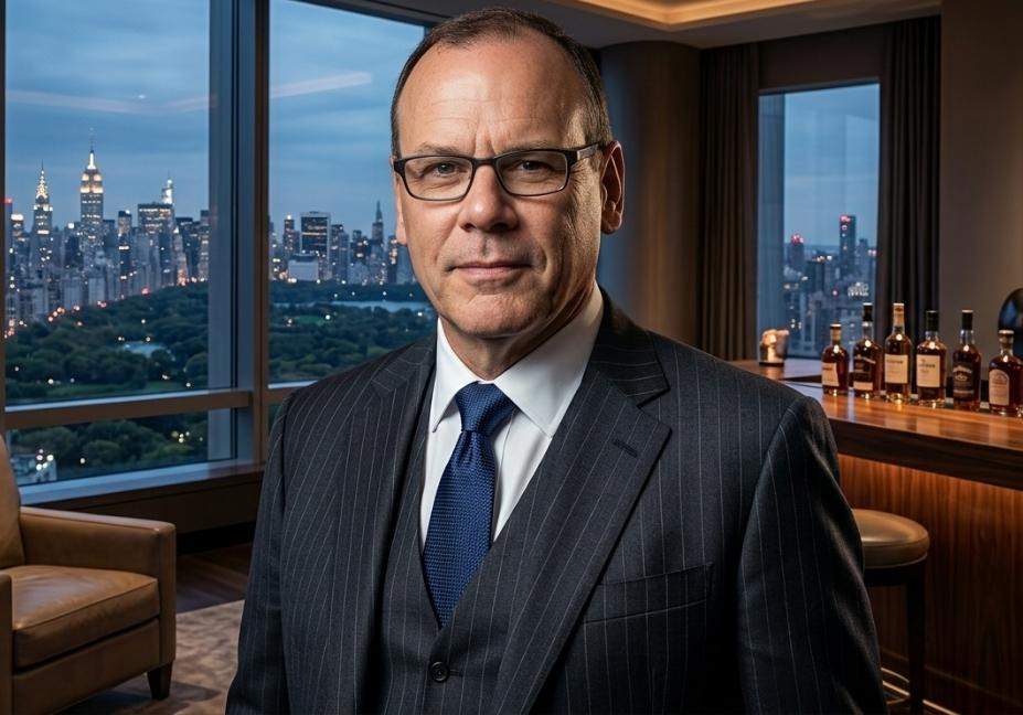 Digital portrait of a man resembling Bill Duker in a high-rise luxury apartment overlooking Central Park and the New York skyline.