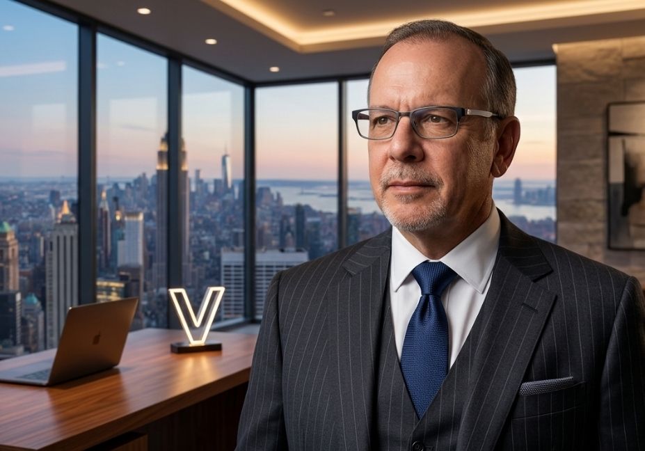 Cinematic professional photo of an entrepreneur looking out over a city skyline from a modern executive office.