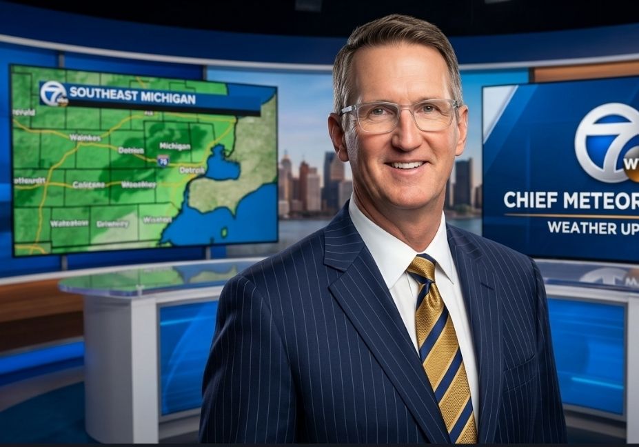 Professional portrait of Chief Meteorologist Dave Rexroth in a navy blue pinstripe suit inside a WXYZ news studio with Southeast Michigan weather maps.