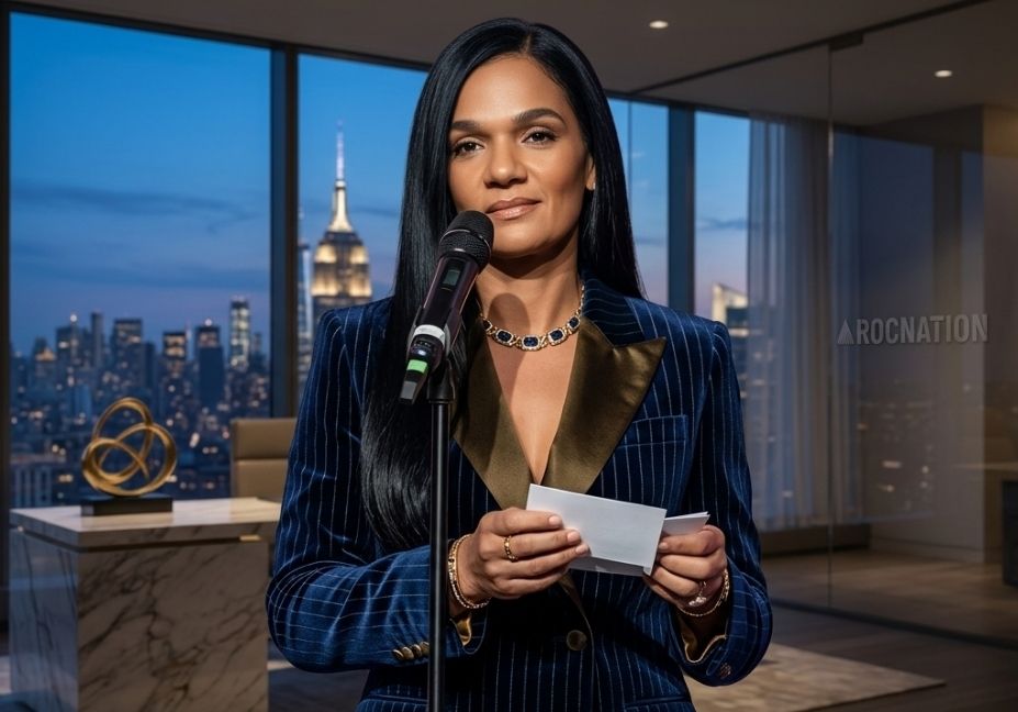 Desiree Perez, CEO of Roc Nation, stands confidently behind a microphone in a modern executive office, holding a small card and wearing a blue pinstriped blazer with olive satin lapels and a diamond and sapphire necklace, with the New York City skyline and Empire State Building visible at dusk through large windows.