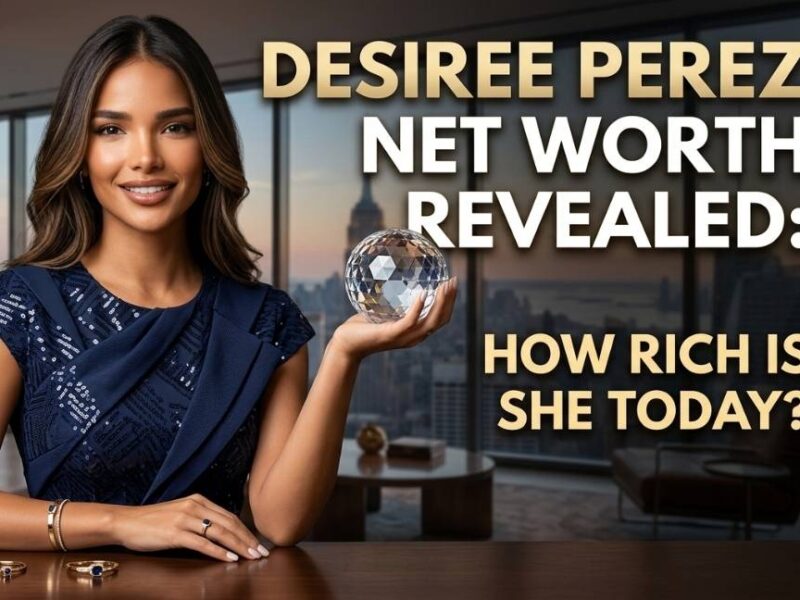 A professional featured image for a celebrity biography article, depicting a smiling woman in a luxury navy blue dress holding a crystal orb in a modern high-rise office overlooking the New York City skyline. Bold, gold and white typography reads: "Desiree Perez Net Worth Revealed: How Rich Is She Today?