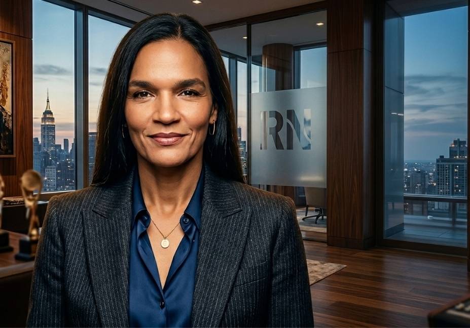 A portrait of Desiree Perez, CEO of Roc Nation, in a sophisticated, wood-paneled corner office at dusk, wearing a dark gray pinstriped blazer over a blue satin blouse and a gold pendant necklace, looking directly at the camera with the New York City skyline and a frosted glass partition with the letters 'RN' visible in the background.