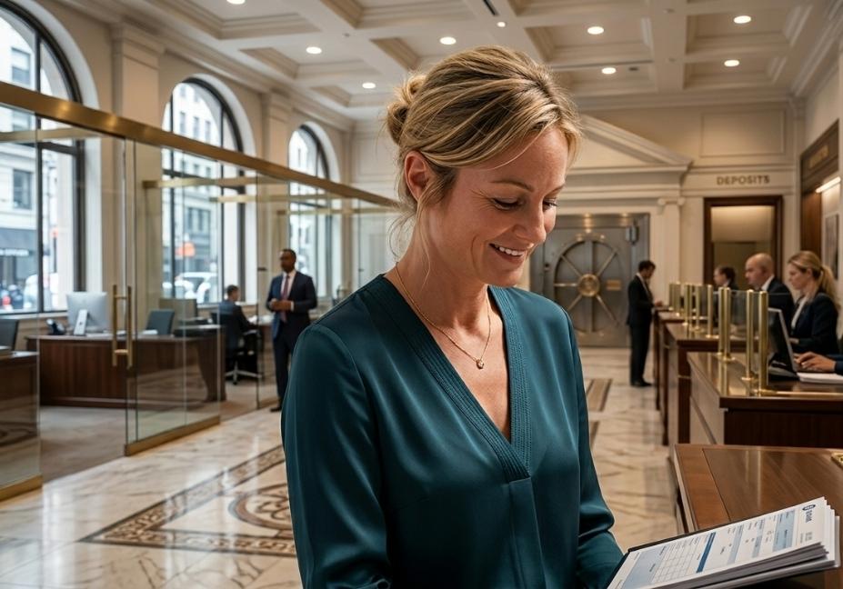 A candid, cinematic portrait of a professional woman looking down at a document inside a luxury, high-end bank vault and teller lobby environment.