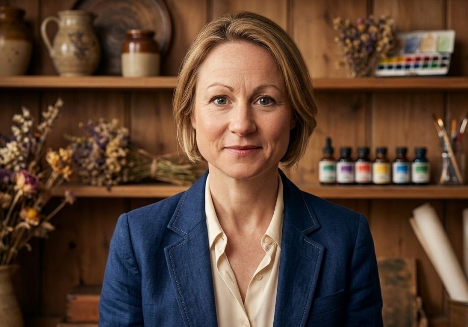 Close-up professional portrait of a blonde businesswoman in a navy blue blazer and cream blouse, posing in front of a rustic studio background with wooden shelves.