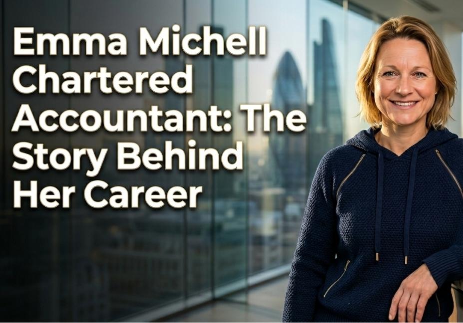 Professional featured image of Emma Michell, Chartered Accountant, smiling in a modern corporate glass office with a blurred London-style skyline background and bold headline text.