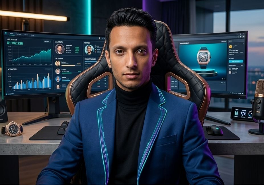 A high-quality professional image of a streamer in a blue blazer with neon accents, sitting in a premium gaming chair between dual monitors displaying net worth charts and a luxury watch.