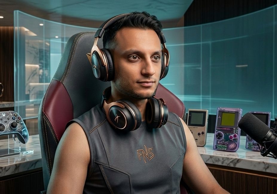 A professional, text-free streaming thumbnail image of a man in a gray sleeveless top with FNS branding, wearing premium over-ear headphones while sitting in a gaming studio setup.