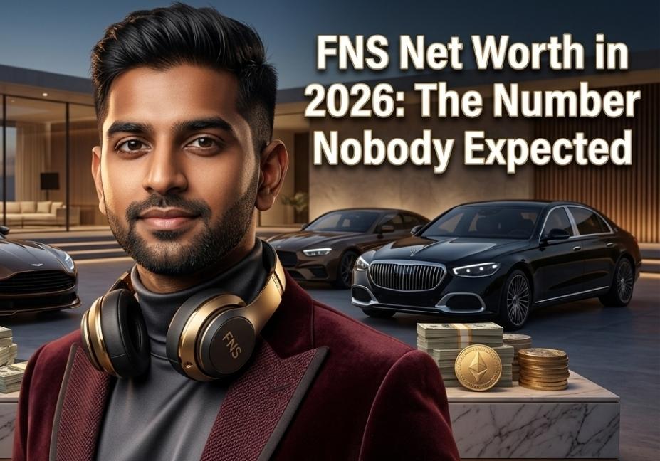 A professional high-quality featured image banner showing a celebrity with gold headphones, stacks of cash, crypto coins, and luxury cars, with text reading "FNS Net Worth in 2026: The Number Nobody Expected"