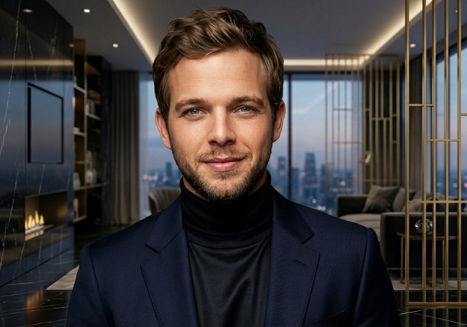 A professional, high-end portrait of George Cameron Thieriot smiling slightly in a navy blue blazer and black turtleneck, with a luxury penthouse and city skyline background.