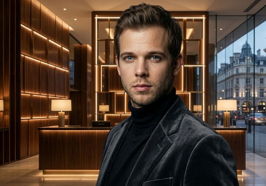 A professional cinematic portrait of George Cameron Thieriot wearing a dark grey velvet blazer and black turtleneck, standing in a luxury hotel lobby.