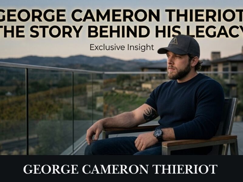 A professional featured image of George Cameron Thieriot sitting on an outdoor balcony overlooking a scenic valley, with bold text reading "GEORGE CAMERON THIERIOT: THE STORY BEHIND HIS LEGACY".