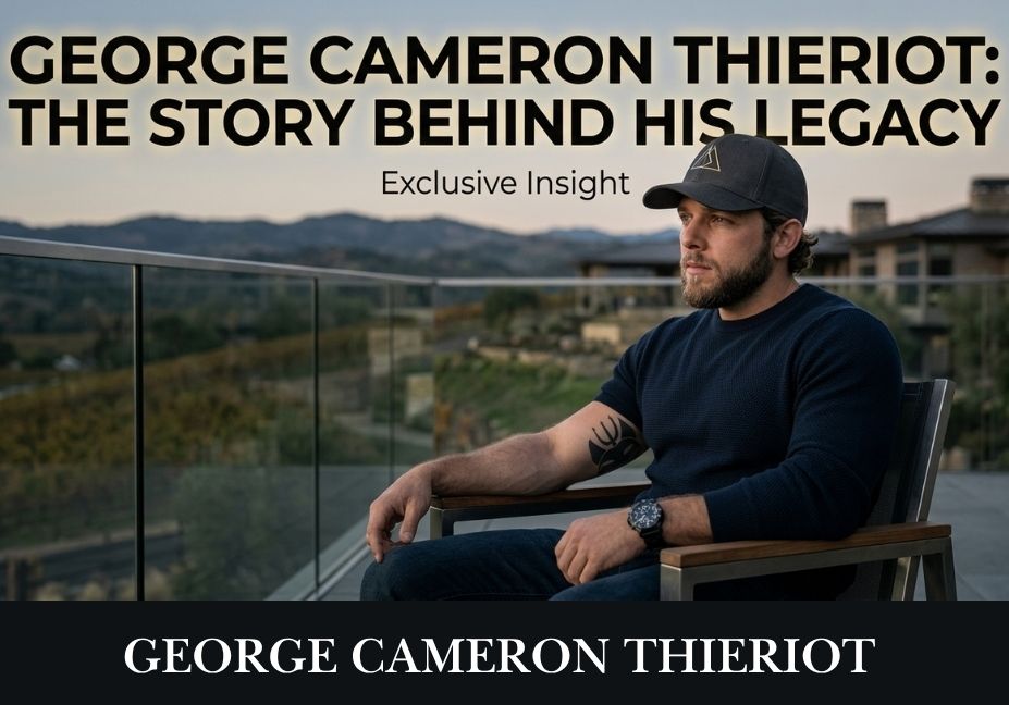 A professional featured image of George Cameron Thieriot sitting on an outdoor balcony overlooking a scenic valley, with bold text reading "GEORGE CAMERON THIERIOT: THE STORY BEHIND HIS LEGACY".