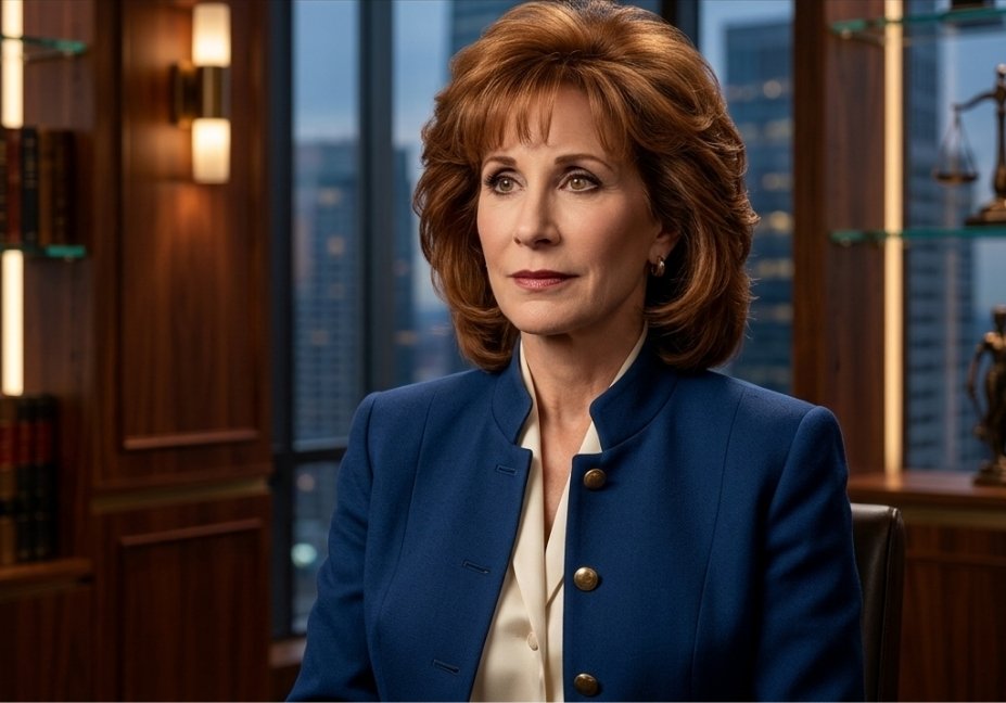 A professional portrait of a woman with styled auburn hair wearing a structured blue jacket with brass buttons, set against a warm office background with bookshelves and a city window view.