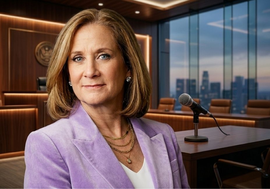 A close-up portrait of a blonde woman in a light purple velvet blazer sitting at a desk with a microphone, with a modern courtroom and city skyline behind her.