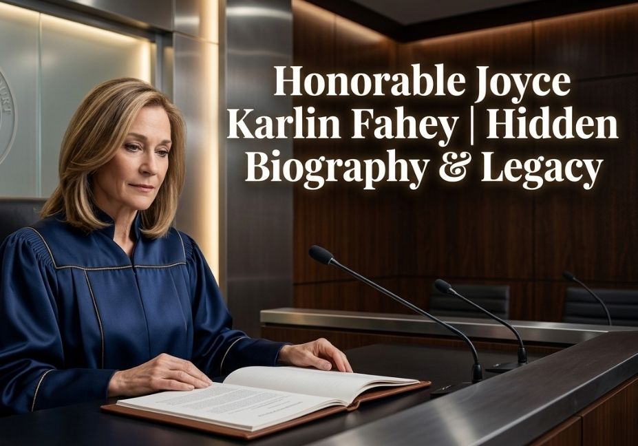 An image of a female judge in a blue robe seated at a courtroom bench reading an open book, with the text overlay "Honorable Joyce Karlin Fahey | Hidden Biography & Legacy"