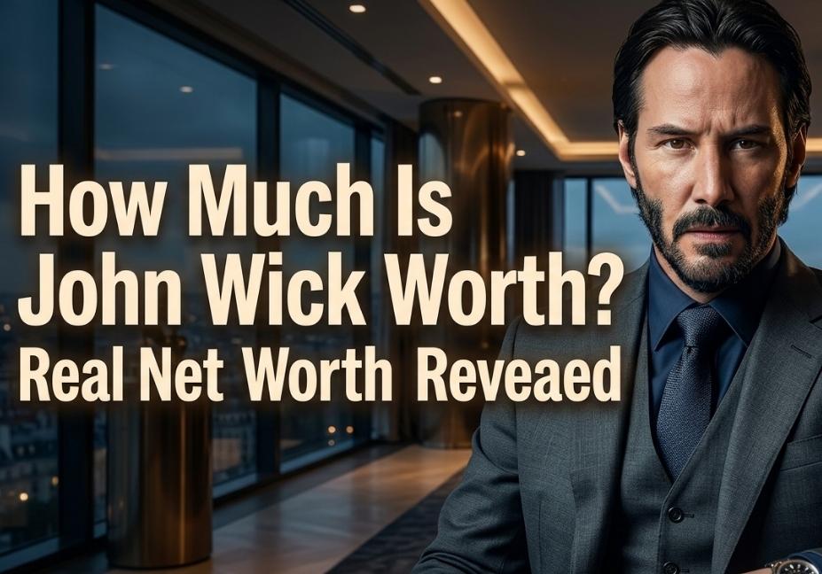 Featured image showing John Wick in a gray suit beside the headline "How Much Is John Wick Worth? Real Net Worth Revealed