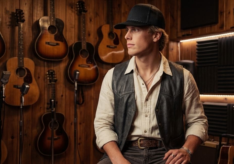A medium profile shot of a young man sitting in a music studio, looking off to the side. He is wearing a black baseball cap, a light-colored button-up shirt, a black leather vest, a leather belt with a metal buckle, and a silver necklace. The background features a wooden-paneled wall lined with several acoustic guitars, vintage microphones on stands, and soundproofing panels.