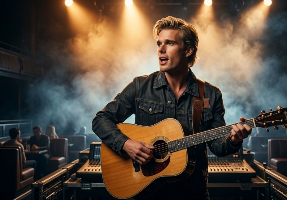 A medium shot of a young male country musician singing and playing an acoustic guitar on a dimly lit, smoky stage. He has styled blonde hair and is wearing a dark denim jacket over a partially open shirt. Warm stage spotlights illuminate him from behind, creating a hazy atmosphere, while a soundboard and blurred audience members in booths are visible in the background.