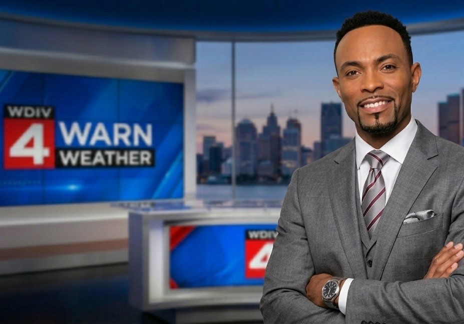 Ron Hilliard, a television meteorologist, smiling with his arms crossed in a grey three-piece suit and striped tie, standing in the WDIV 4 Warn Weather studio.
