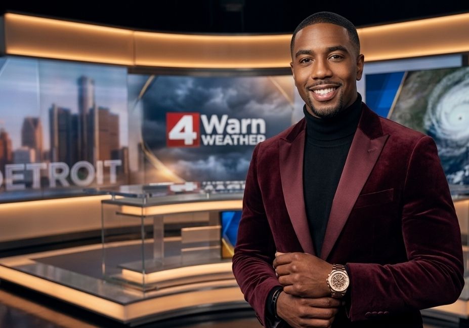 Ron Hilliard in a burgundy velvet suit and black turtleneck, smiling and looking directly at the camera in a modern WDIV television studio in Detroit.