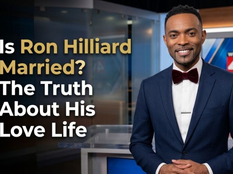 A friendly portrait of news anchor Ron Hilliard in a WDIV Local 4 TV studio, wearing a blue suit and a burgundy velvet bow tie, with bold white and gold text overlay reading "Is Ron Hilliard Married? The Truth About His Love Life.