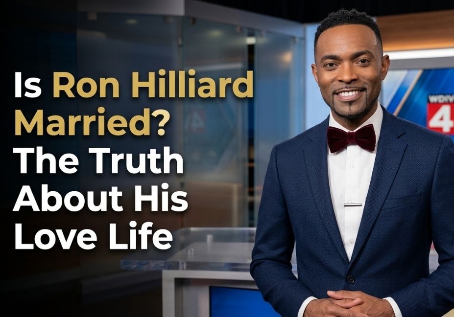 A friendly portrait of news anchor Ron Hilliard in a WDIV Local 4 TV studio, wearing a blue suit and a burgundy velvet bow tie, with bold white and gold text overlay reading "Is Ron Hilliard Married? The Truth About His Love Life.