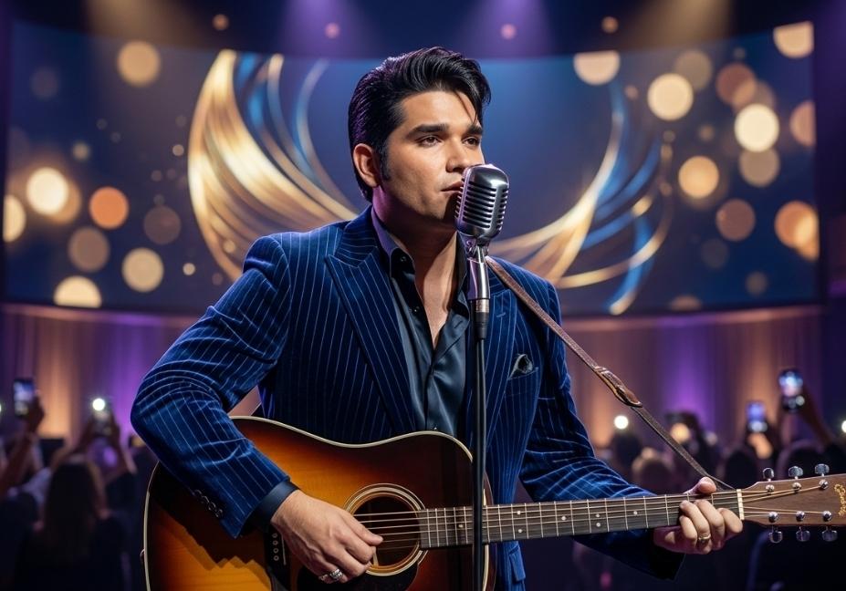 Elvis Presley tribute artist performing on a luxury stage in a modern blue pinstripe suit while holding an acoustic guitar.