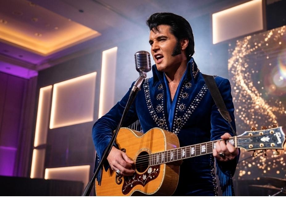 Elvis tribute artist Victor Trevino Jr passionately singing into a vintage microphone in an ornate studded blue jumpsuit on stage.