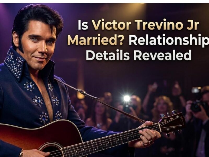 Featured blog banner asking "Is Victor Trevino Jr Married?" alongside an image of an Elvis tribute artist performing with a guitar on stage under studio lights.