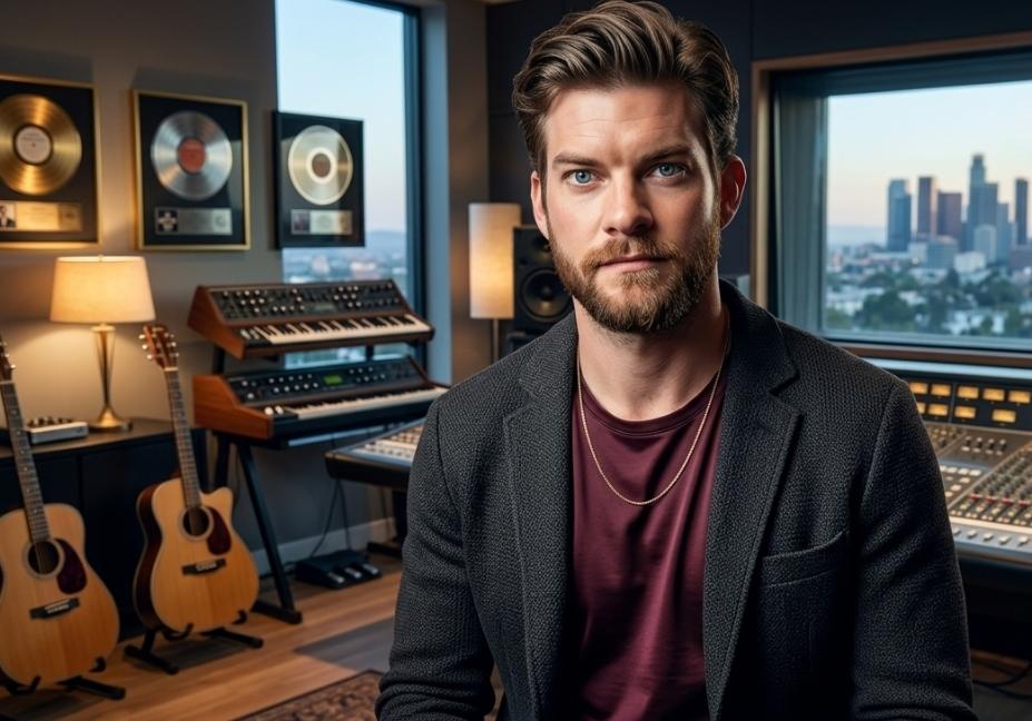 A medium close-up photograph of a man with blue eyes and a full beard, wearing a grey jacket over a maroon shirt, posing in a modern music studio with gold records and synths in the background.