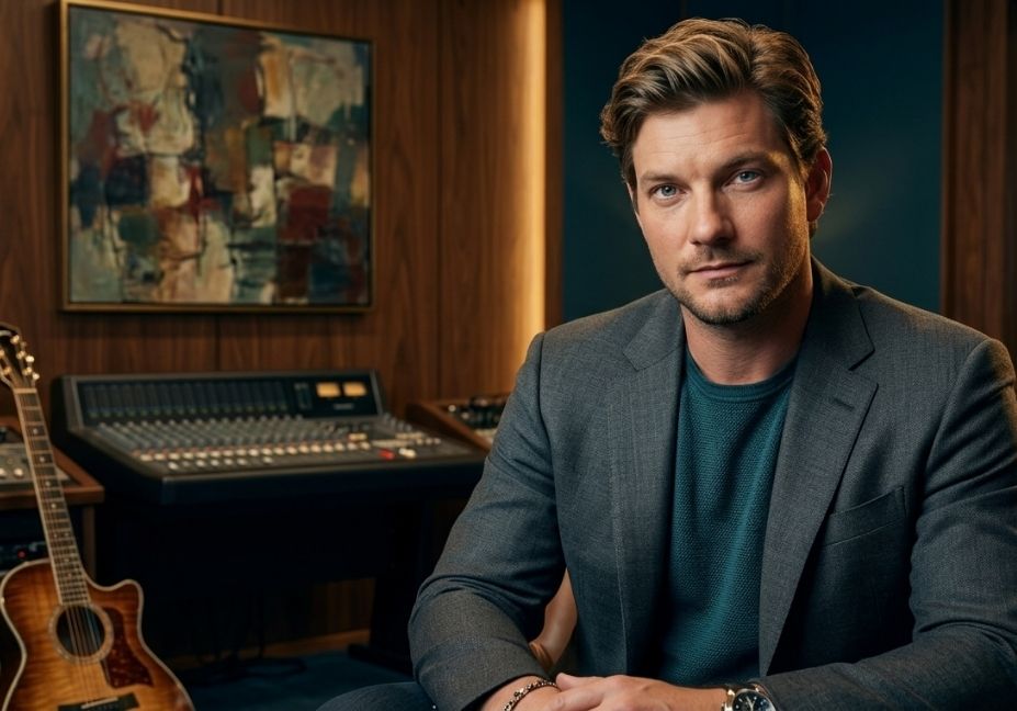 A portrait-style photograph of the same man with blue eyes and a beard, wearing a dark grey suit jacket, seated in a wood-paneled room with a mixing board and abstract art.