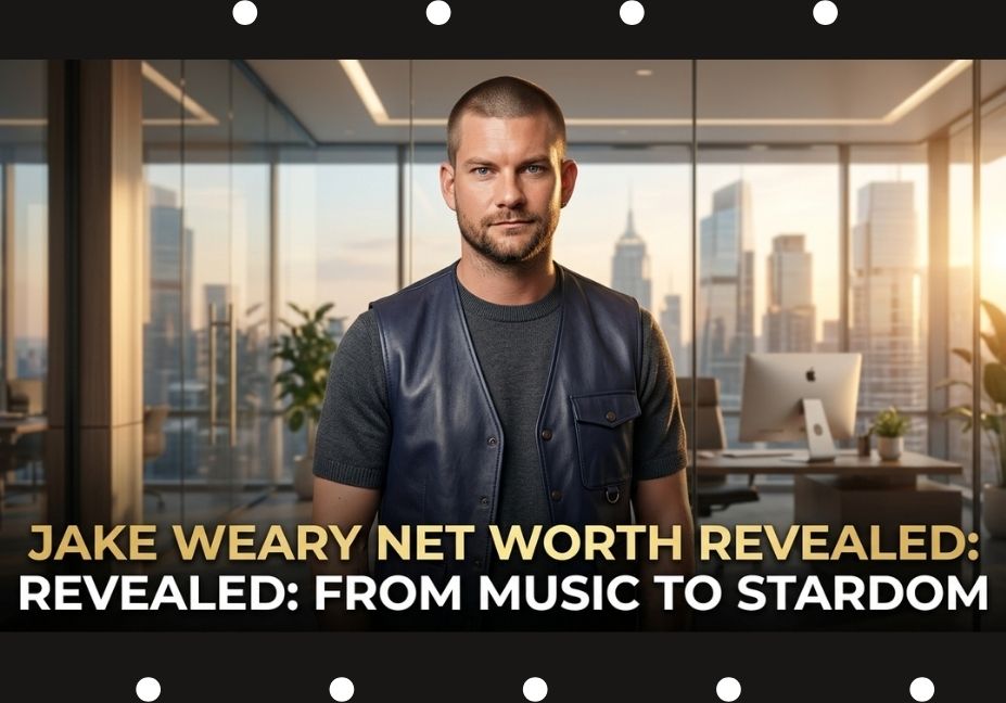 A graphic image featuring a man in a corporate office with text below reading: 'JAKE WEARY NET WORTH REVEALED: REVEALED: FROM MUSIC TO STARDOM'.