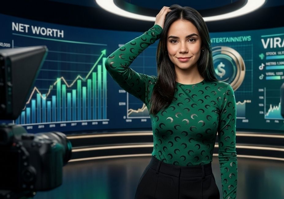 A young woman with long dark hair wearing a patterned green long-sleeve top posing in front of news studio screens displaying financial growth charts and viral social media stats.