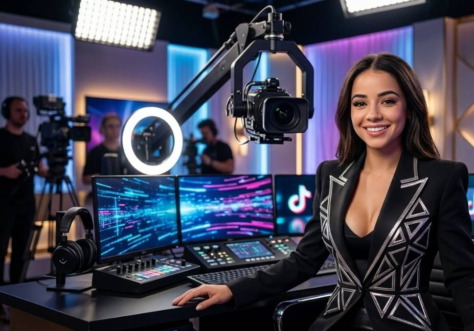 A smiling female content creator in a black blazer with silver geometric patterns sitting at a high-tech studio desk with monitors showing social media icons.