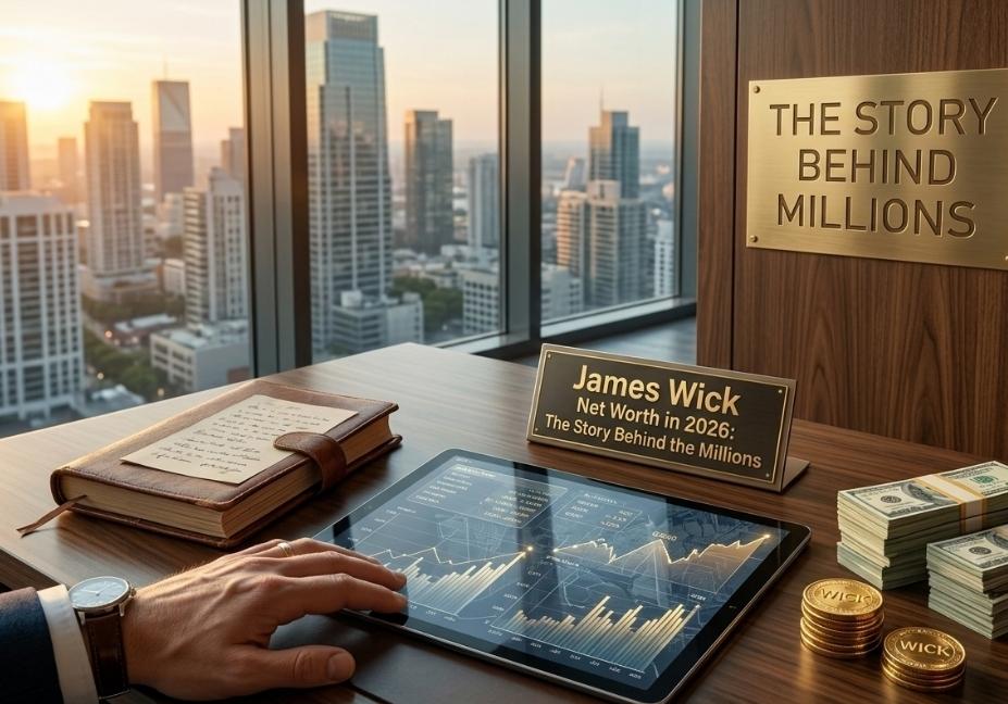 An executive's hand interacting with a digital tablet showing financial stock charts on a wooden desk, featuring a gold nameplate that reads "James Wick Net Worth in 2026: The Story Behind the Millions" next to stacks of cash and custom gold Wick coins.