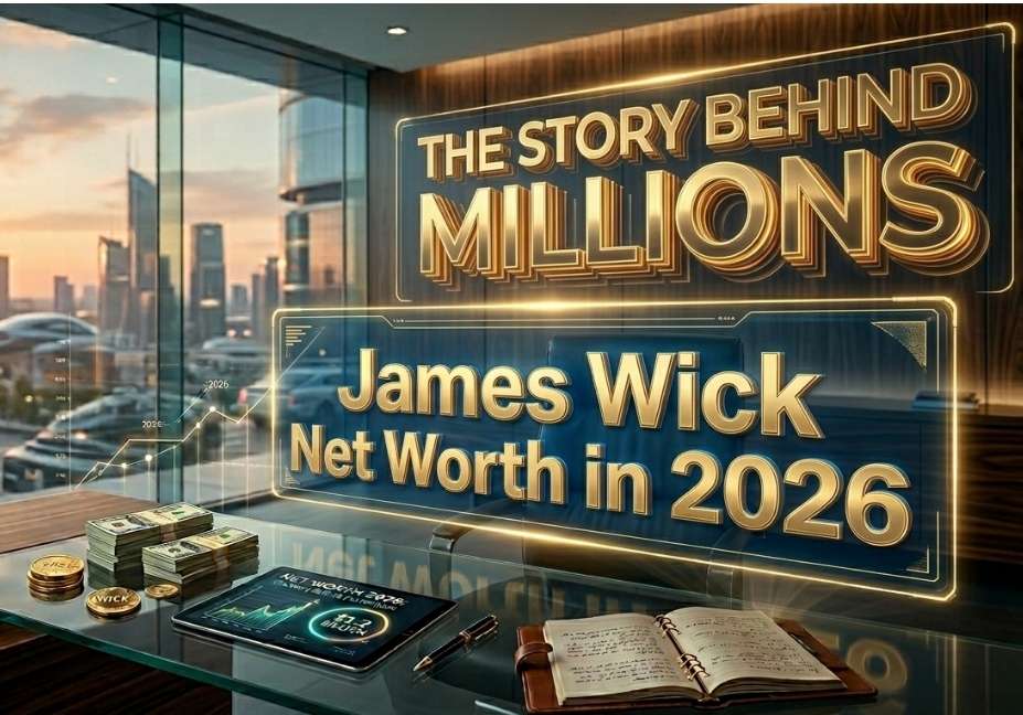 A high-rise executive office desk with stacks of cash, gold coins, a tablet displaying financial growth charts, and a large golden wall title reading "James Wick Net Worth in 2026: The Story Behind Millions".