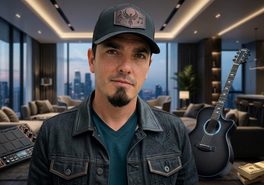 Country singer Kaleb Austin wearing a black cap and denim jacket in a luxury high-rise apartment, with a modern black acoustic guitar and stacks of cash nearby.