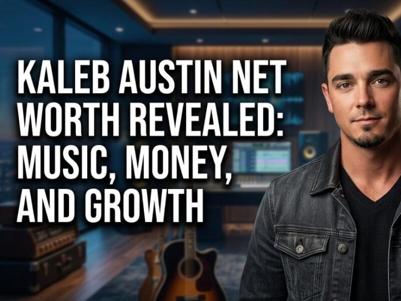 Country musician Kaleb Austin in a music studio, featuring large overlay text that reads "KALEB AUSTIN NET WORTH REVEALED: MUSIC, MONEY, AND GROWTH".