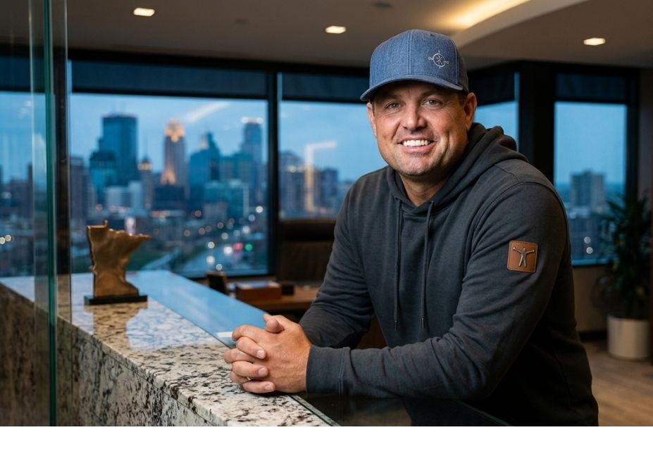 Kris Lindahl in a casual grey hoodie and blue baseball cap leaning against a marble counter with the Minneapolis city skyline blurred in the background.