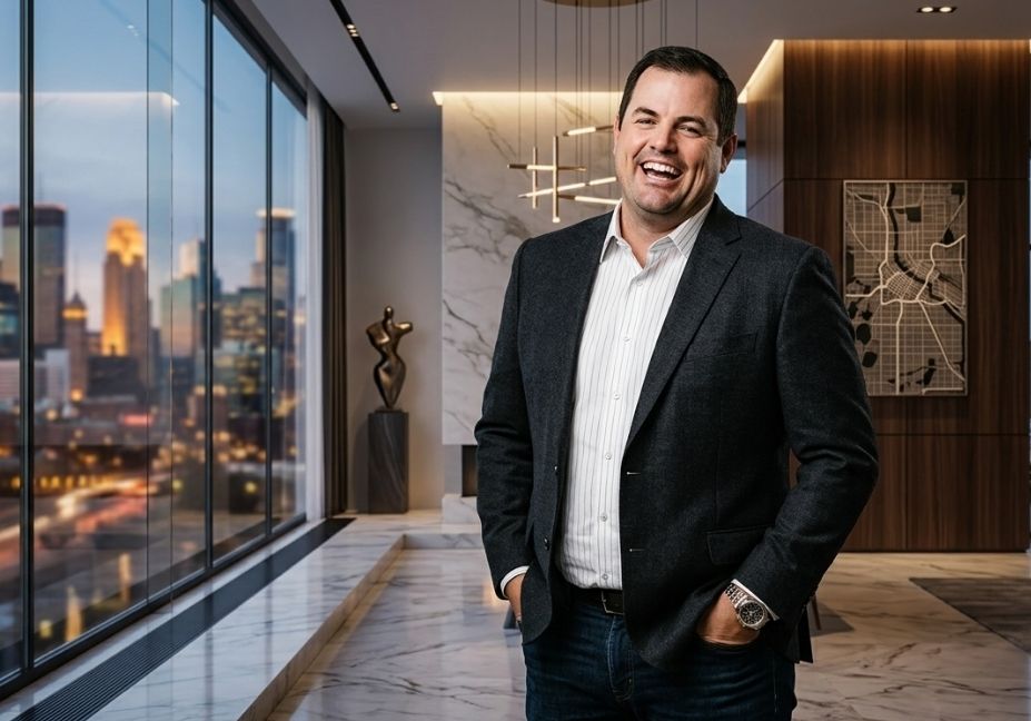 A laughing Kris Lindahl in a black blazer and striped shirt standing inside a luxury modern penthouse apartment with a city skyline view.