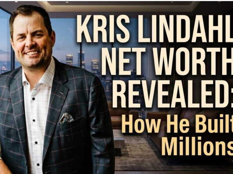 Kris Lindahl smiling in a plaid blazer with bold overlay text reading "Kris Lindahl Net Worth Revealed: How He Built Millions" against a luxury high-rise penthouse background.
